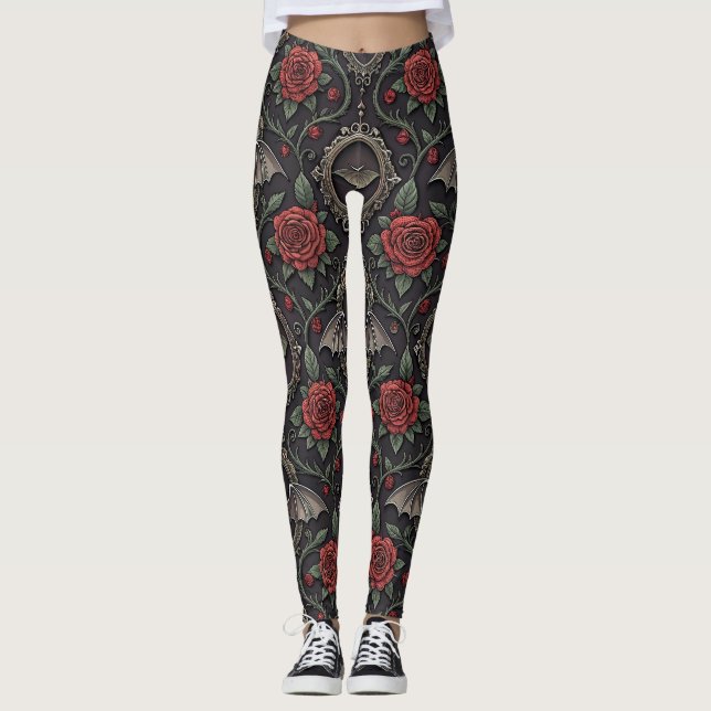 Leggings Patrón de Rosa Gótica Oscura (4) (Anverso)