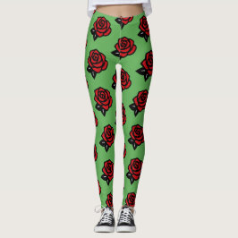 Leggings Patrón de Rosa Roja sobre Verde 