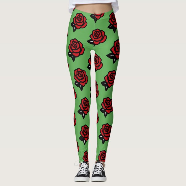 Leggings Patrón de Rosa Roja sobre Verde  (Anverso)