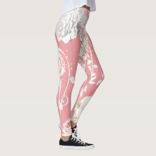 Leggings Patrón de Rosa Vintage Verde Coral Rosa Floral