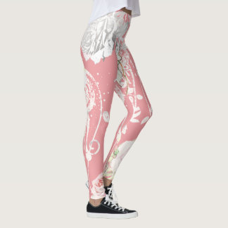 Leggings Patrón de Rosa Vintage Verde Coral Rosa Floral