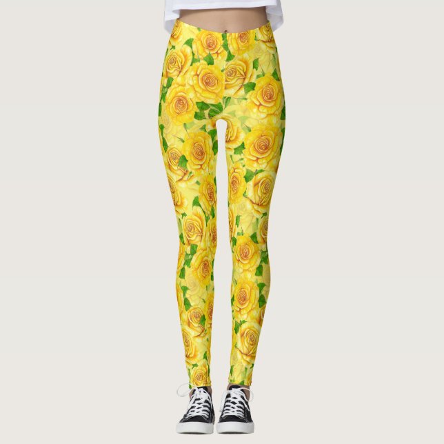 Leggings Patrón de rosas de acuarela amarilla (Anverso)
