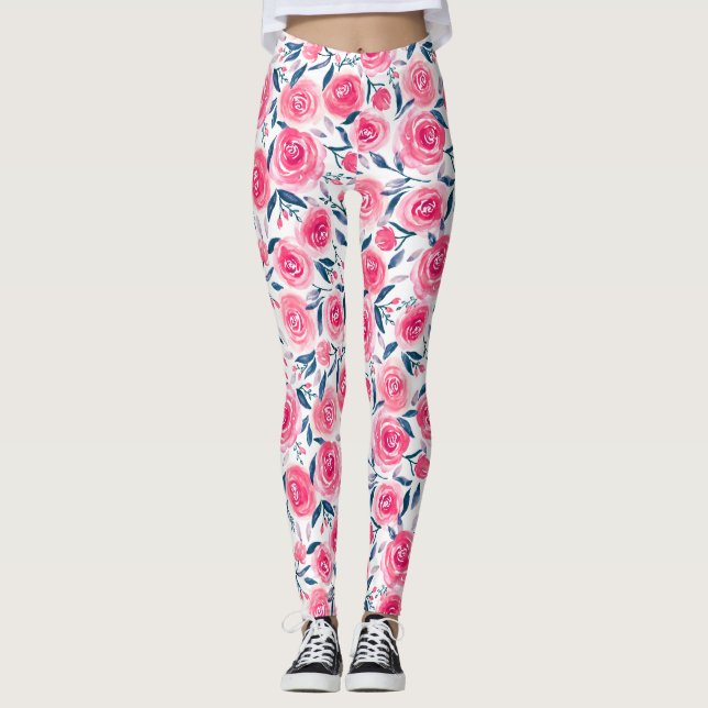 Leggings Patrón de Rosas de acuarela floral rosa (Anverso)
