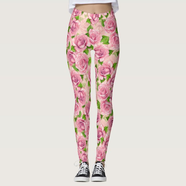 Leggings Patrón de rosas de acuarela rosa (Anverso)