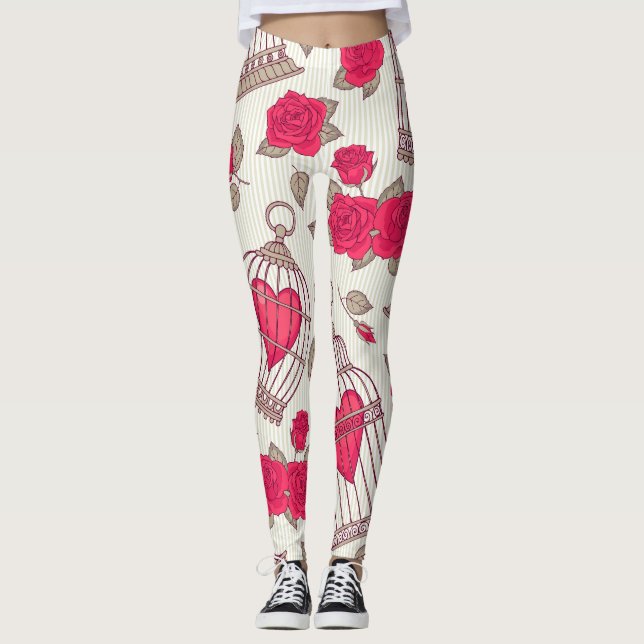 Leggings Patrón de Rosas de jaulas de aves florales (Anverso)