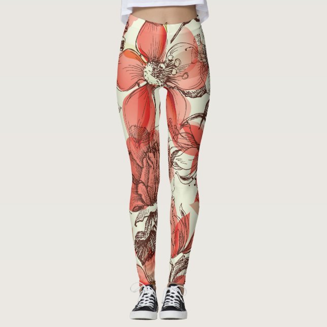 Leggings Patrón de rosas rojas estilo retro (Anverso)