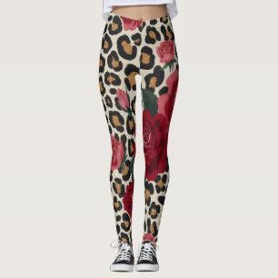Leggings Patrón de Rosas Rojas Leopardo