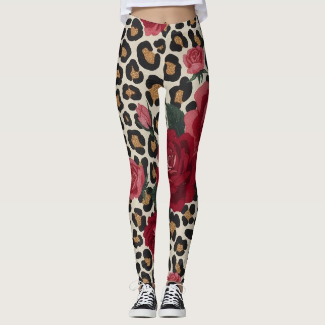 Leggings Patrón de Rosas Rojas Leopardo (Anverso)