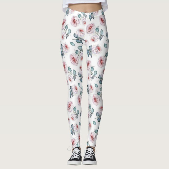 Leggings Patrón de rosas rosa suave y suave de bonito (Anverso)