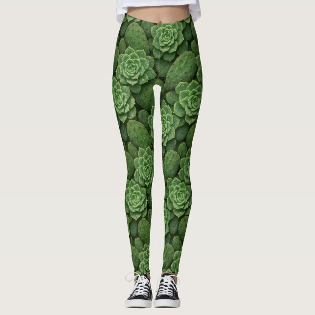 Leggings Patrón de rosette de Cactus y Suculento con Dew (Anverso)