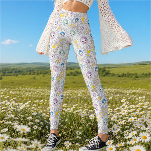 Leggings Patrón de rostros de muñecas de lino en daisias