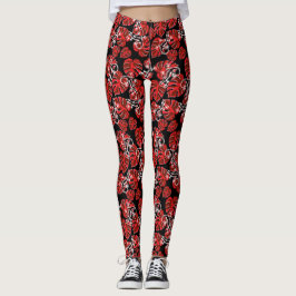Leggings Patrón De Salamandra Y Hoja Roja Que Se Repite