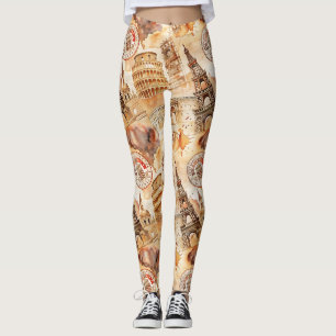 Leggings Patrón de sello de viaje por el mundo vintage (9)