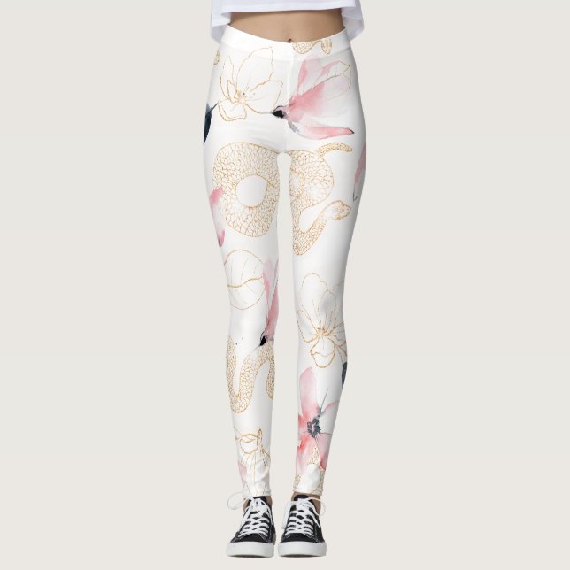 Leggings Patrón de serpiente de flores rosadas (Anverso)