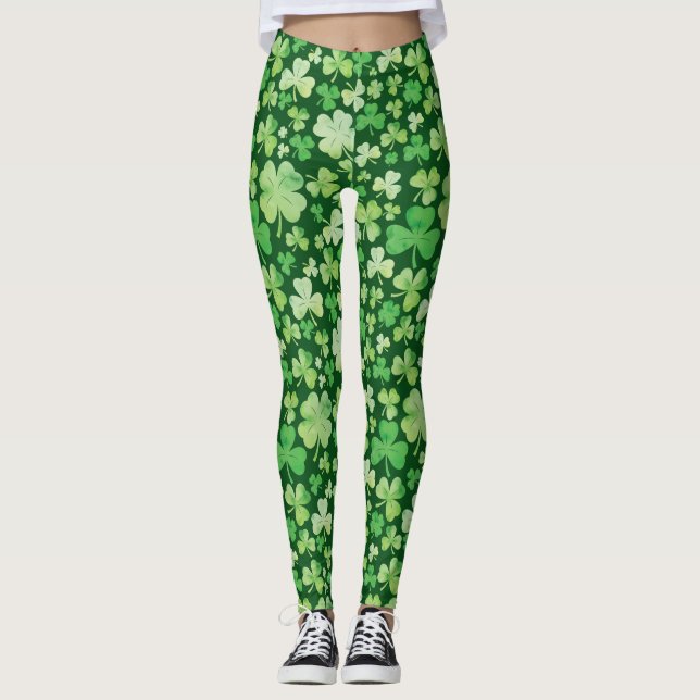 Leggings Patrón de Shamrock de color de agua verde (Anverso)