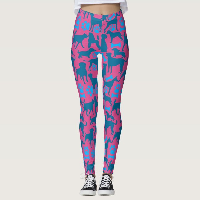 Leggings Patrón de silueta de perro.Azul.04 BG rosa (Anverso)