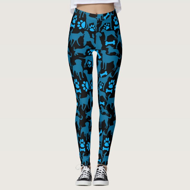 Leggings Patrón de silueta de perro.Azul.04 Negro BG (Anverso)
