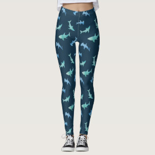 Leggings Patrón de siluetas de tiburón que nadan color agua