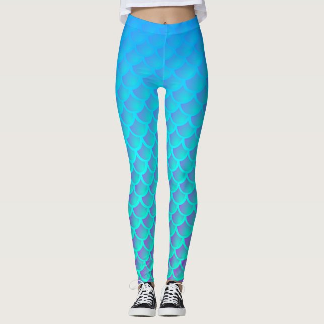 Leggings Patrón de sirena en azul y púrpura acuático (Anverso)