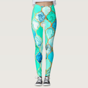Leggings Patrón de sirena verde azul, verde azulado, dorado