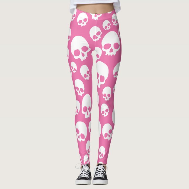 Leggings Patrón de Skulls aleatorios rosados (Anverso)