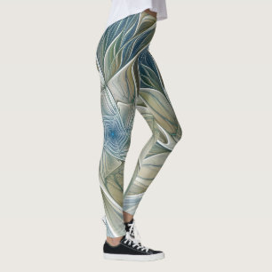 Leggings Patrón de sueño floral Resumen Fractal caqui azul