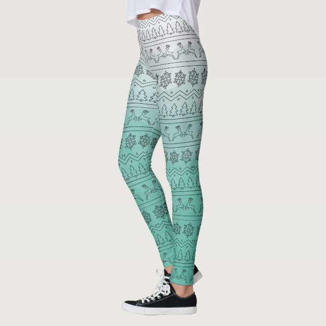Leggings Patrón de suéter de Navidades de Ombre verde azula (Izquierda)