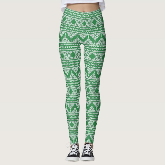 Leggings Patrón de suéter feo de Navidad verde (Anverso)