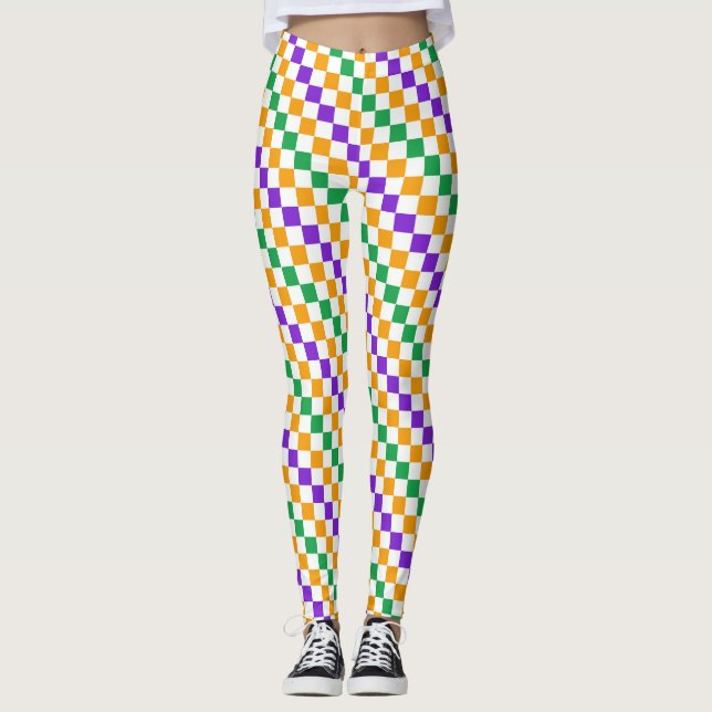 Leggings Patrón de tablero de ajedrez diagonal de Mardi gra (Anverso)