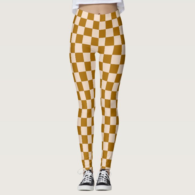Leggings Patrón de tablero de ajedrez marrón y beige (Anverso)