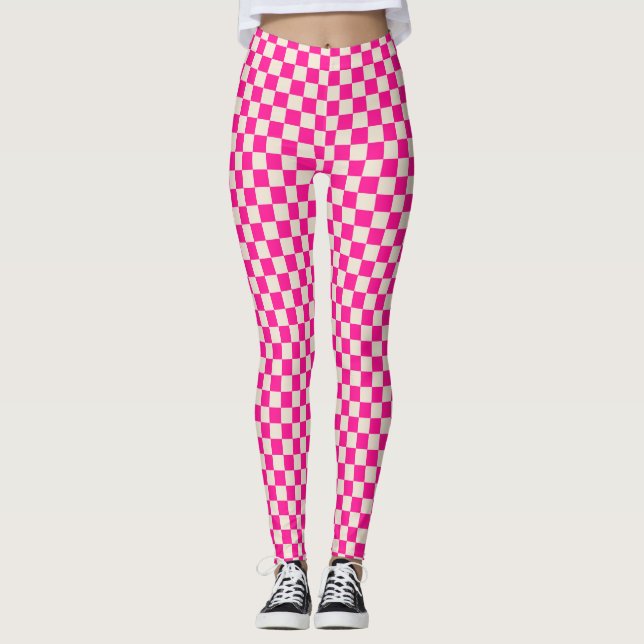 Leggings Patrón de tablero de ajedrez rosa caliente y bronc (Anverso)