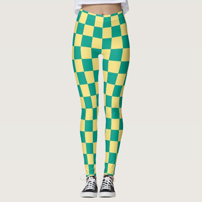 Leggings Patrón de tablero de cheques verde + amarillo (Anverso)