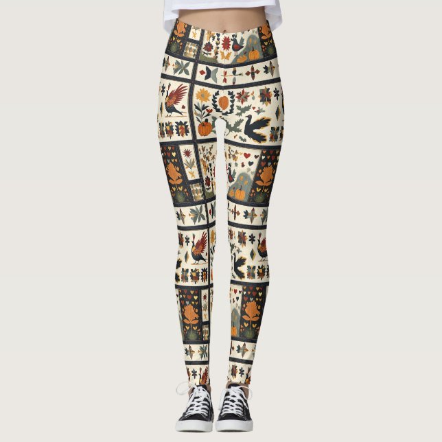 Leggings Patrón de tallo otoñal de arte popular | Cosecha R (Anverso)