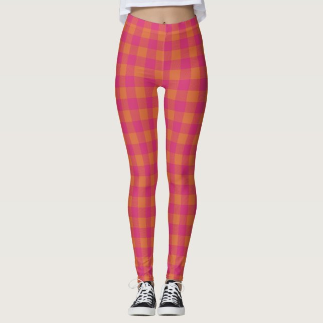Leggings Patrón de Tartán rosa y Naranja retro de búfalo (Anverso)