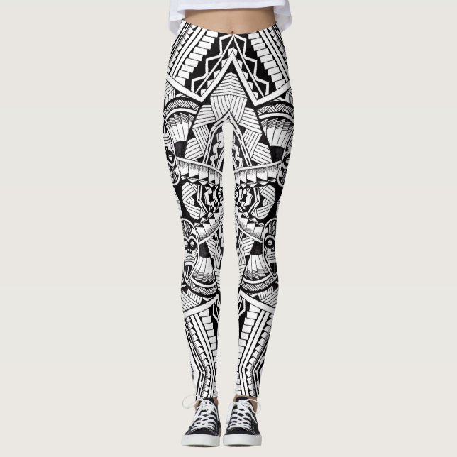 Leggings Patrón de tatuaje tribal blanco y negro de Moda mo (Anverso)