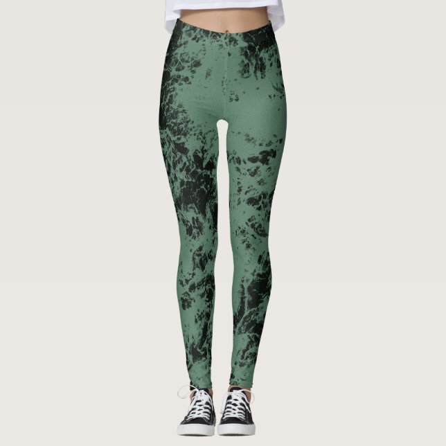 Leggings Patrón de textura de mármol en negro y verde (Anverso)