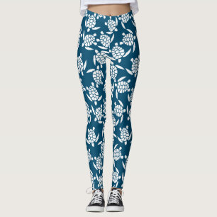 Leggings Patrón de tortuga de estilo costero blanco y azul