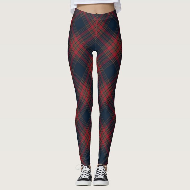 Leggings Patrón de tracción Tartán azul de la Marina Roja (Anverso)