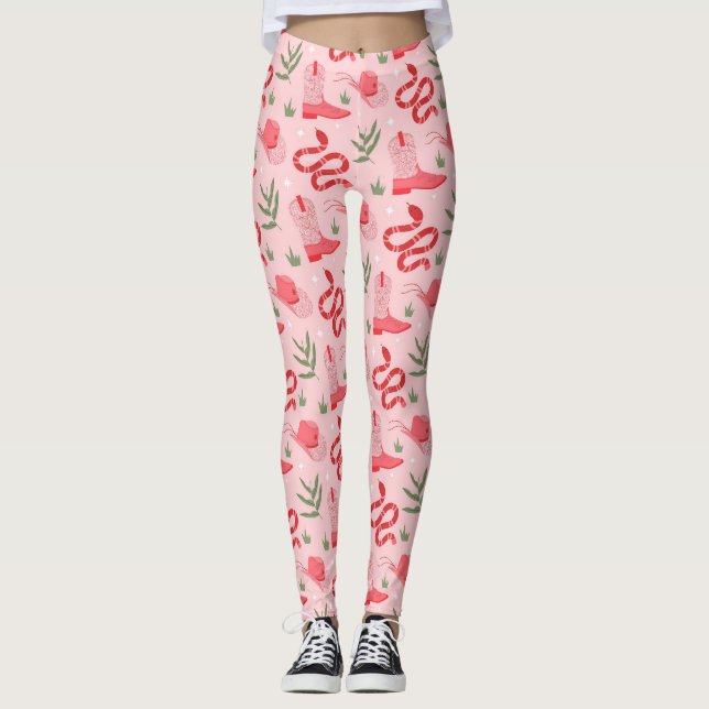 Leggings Patrón De Vaqueros Y Serpientes Rosa (Anverso)