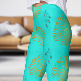 Leggings Patrón de ventilador de pavo real azul turquesa el