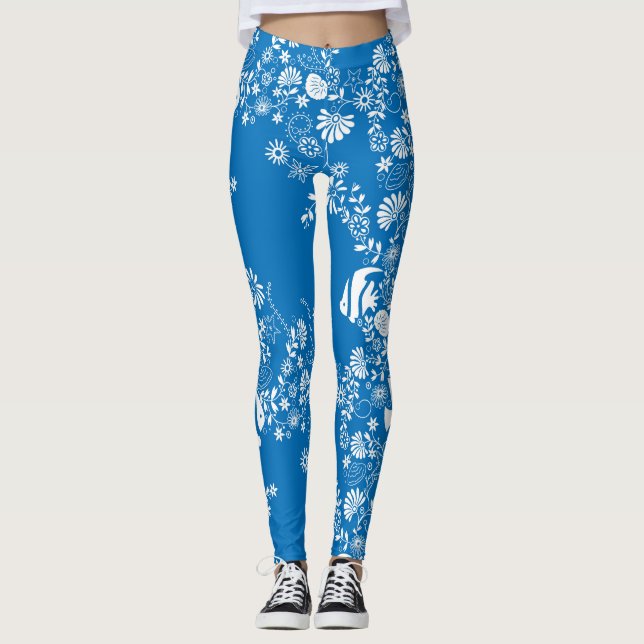 Leggings Patrón de vida del océano blanco azul (Anverso)