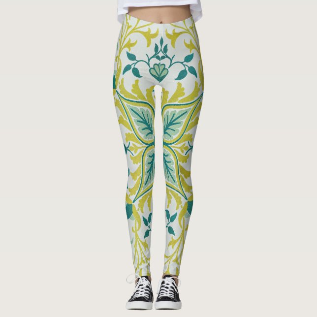 Leggings Patrón de Vino y Flor Turquesa Amarillo Morris (Anverso)