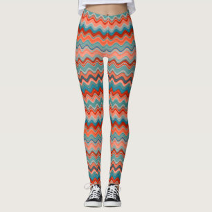 Leggings Patrón de Wavy Zigzag Verde azulado del Naranja Co