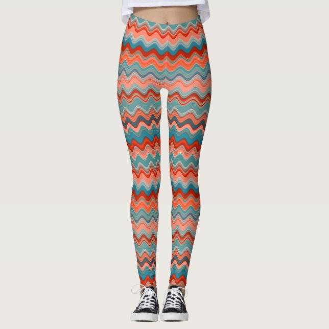 Leggings Patrón de Wavy Zigzag Verde azulado del Naranja Co (Anverso)