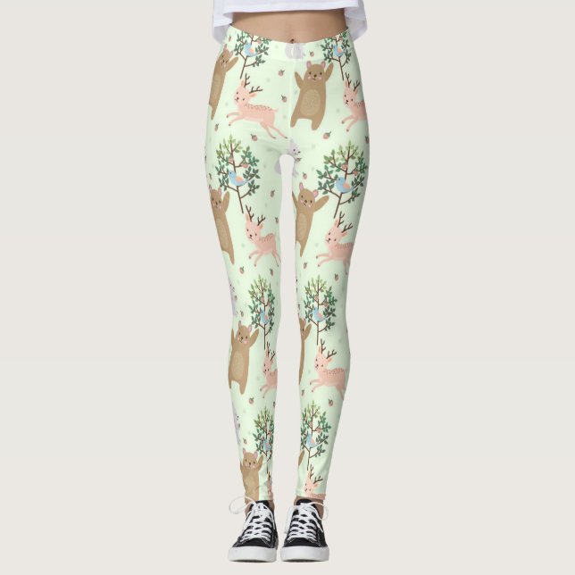 Leggings Patrón De Woodland De Oso Y Deer (Anverso)