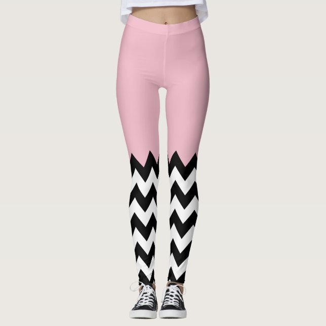 Leggings Patrón de zigzag negro y blanco, chevron, rosa (Anverso)