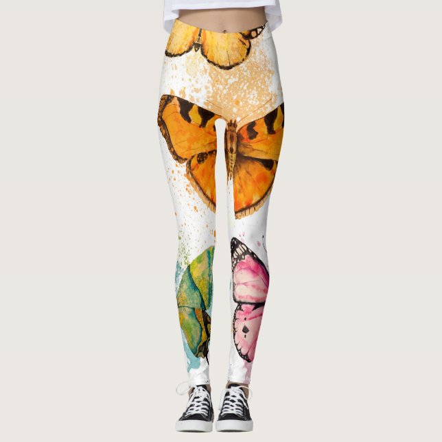Leggings Patrón delgado sin foco de mariposa acuarela (Anverso)