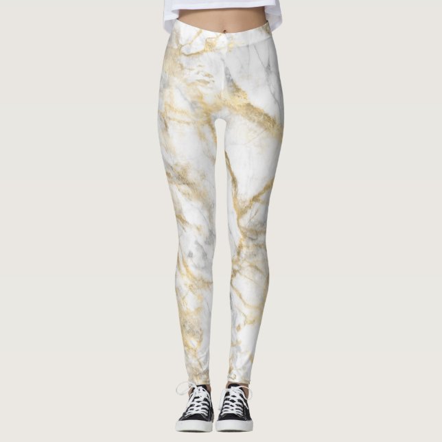 Leggings Patrón dorado de mármol gris blanco Yoga femenino (Anverso)