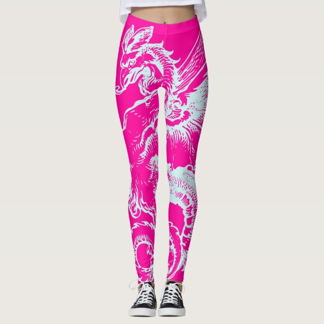 Leggings Patrón Dragón Neon Pink y Verde azulado Atlético (Anverso)