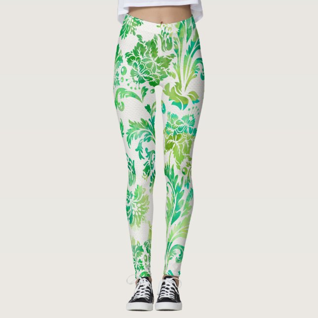 Leggings Patrón elegante de damasco azul, verde y amarillo (Anverso)